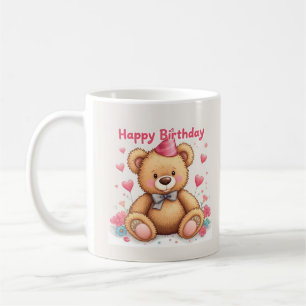 Caneca De Café Feliz Aniversário Urso Teddy Fofo com Corações Ros