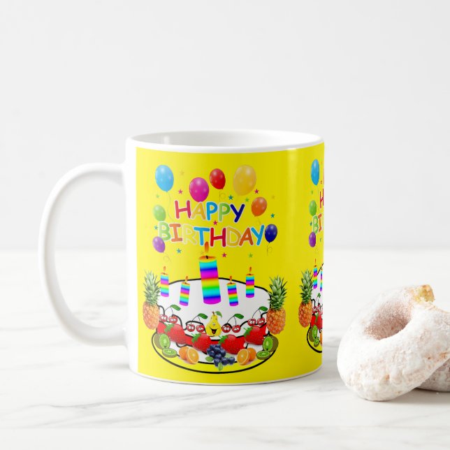 Caneca De Café Feliz Bolo de Fruta de Aniversário (Com Donut)