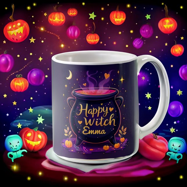 Caneca De Café Feliz Bruxa Personalizada Halloween Cauldron (Criador carregado)