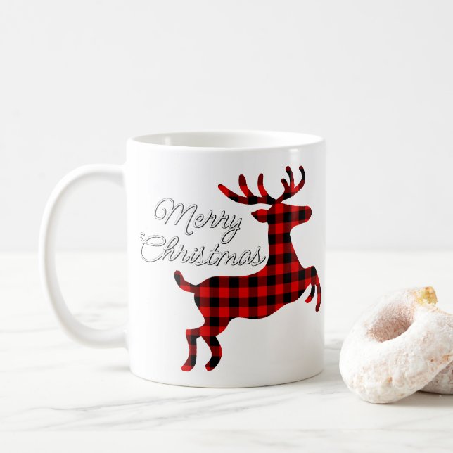 Caneca De Café Feliz Buck de Natal em Buffalo Negro Vermelho (Com Donut)