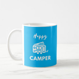Caneca De Café Feliz Camper em Branco com fundo azul