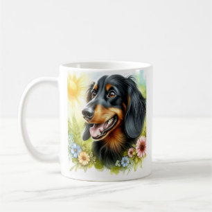 Caneca De Café "Feliz Dachshund no Jardim Primavera - Aquarela"