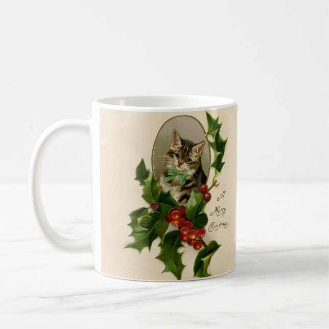 Caneca De Café Feliz de Natal Holly Kitten Arte Antiquada (Esquerda)