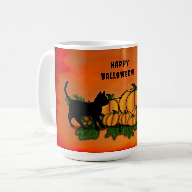 Caneca De Café Feliz Dia das Bruxas, Gato Negro, Bat e Abóbora (Frente Esquerda)