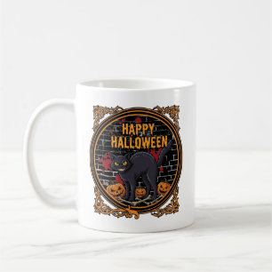 Caneca De Café Feliz Dia das Bruxas Gato Preto Abóboras Ossos_1