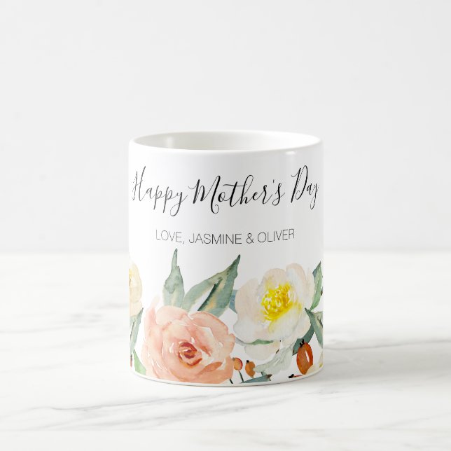 Caneca De Café Feliz Dia das Mães Pêssegos Flores de Aquarela (Centro)