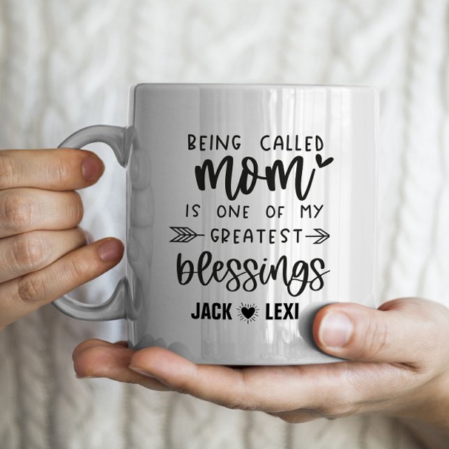 Caneca De Café Feliz dia de as mães com 2 nomes para crianças (Criador carregado)
