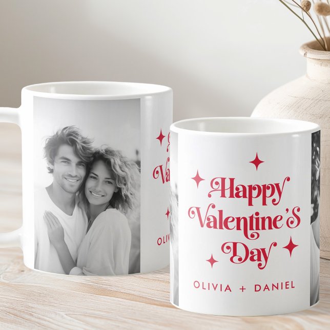 Caneca De Café Feliz dia dos namorados retrorfica estrelas vermel (Happy Valentines day retro stars red photo Coffee Mug)
