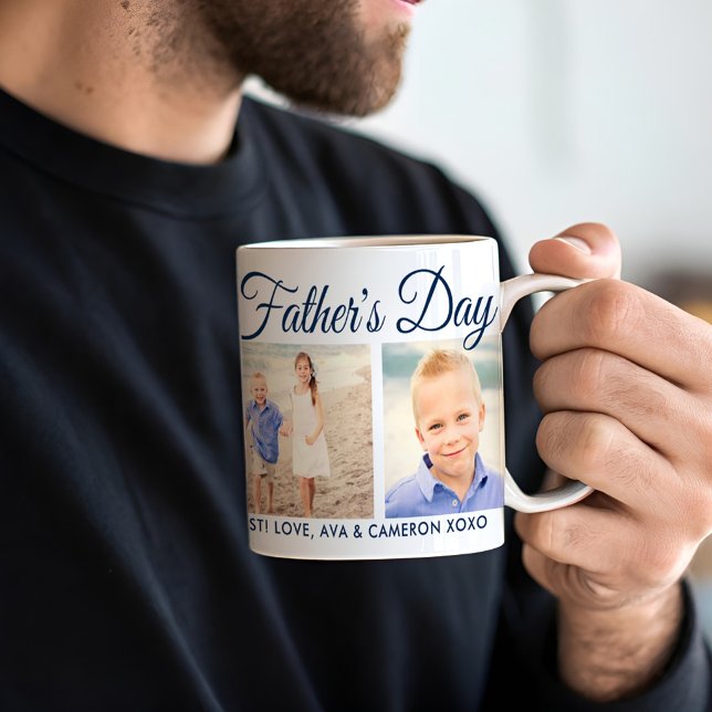 Caneca De Café Feliz Dia dos Pais Colagem de Fotos com Letra Navy (Criador carregado)