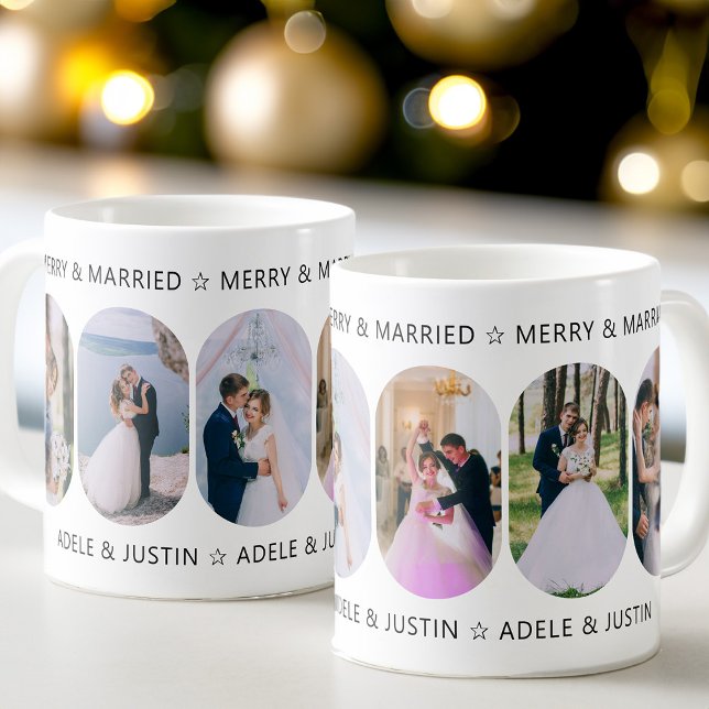 Caneca De Café Feliz e Foto de Lozenge Arredondada 6 (Merry & Married 6 Photo First Christmas Married Mug from my Rounded Lozenge Photo Collage collection)