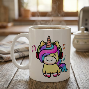 Caneca De Café Feliz e sorridente unicórnio bebê com fones de ouv