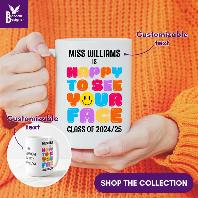 Caneca De Café FELIZ EM VER O SEU Professor de Jardim de Infância (HAPPY TO SEE YOUR FACE Teacher Appreciation gift coffee mug with customizable text.)