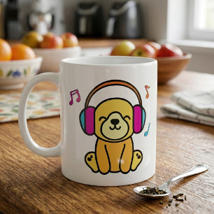 Caneca De Café Feliz filhote sorridente com fones de ouvido.