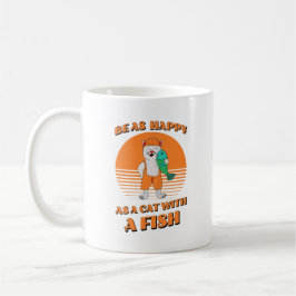 Caneca De Café Feliz gato com peixe. Gato pescador. Engraçado