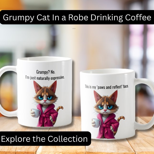 Caneca De Café Feliz gato rabugento com sabão (Funny Grumpy Cat in a Robe with Coffee.  Perfect gifts, Cat lovers, Coffee Lovers)