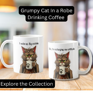 Caneca De Café Feliz gato rabugento em roupão e café
