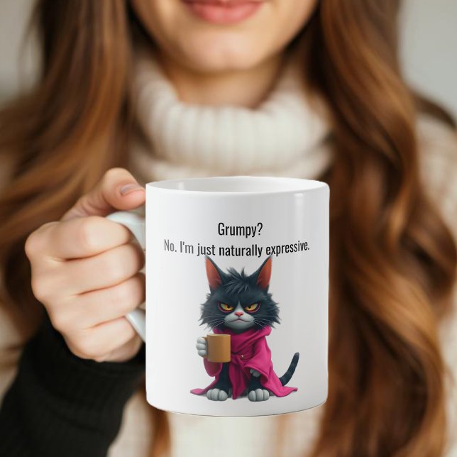 Caneca De Café Feliz gato rabugento em roupão e café preto (Funny Cat Mug-Grumpy cat-Cat in a Robe and Coffee-Black Cat Coffee Mug )