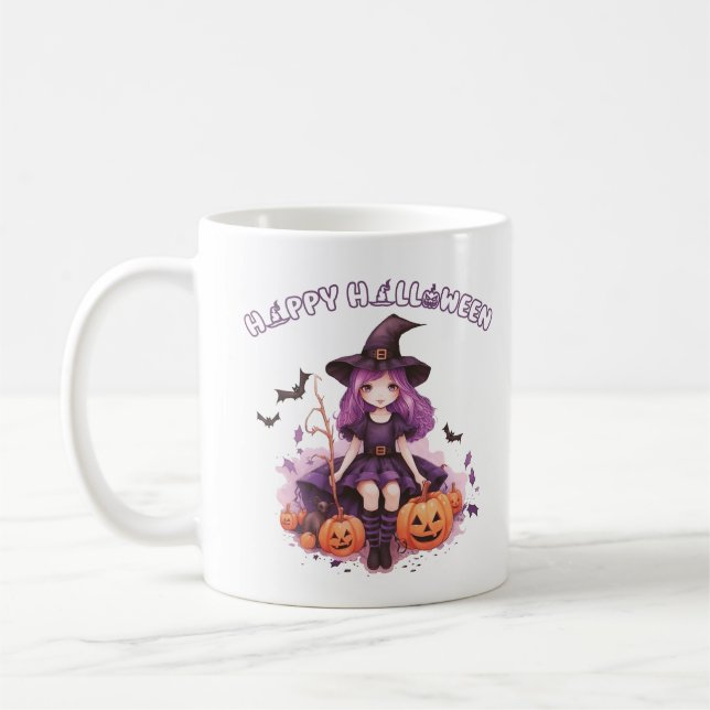 Caneca De Café Feliz Halloween Bruxa Roxa Abóboras & Morcegos (Esquerda)