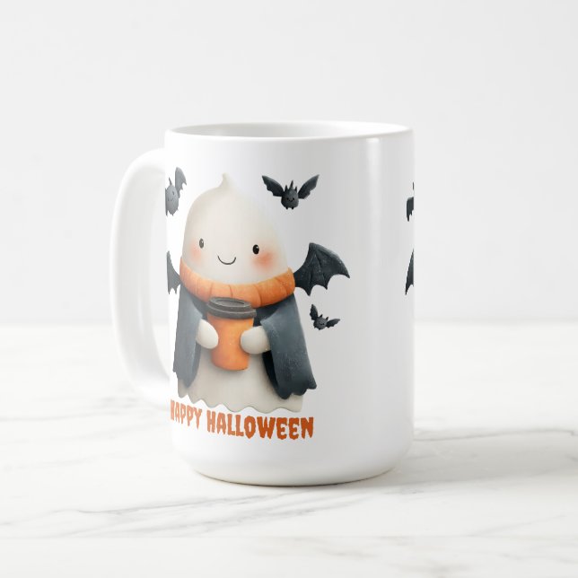 Caneca De Café Feliz Halloween - Cute Ghost Design (Frente Esquerda)
