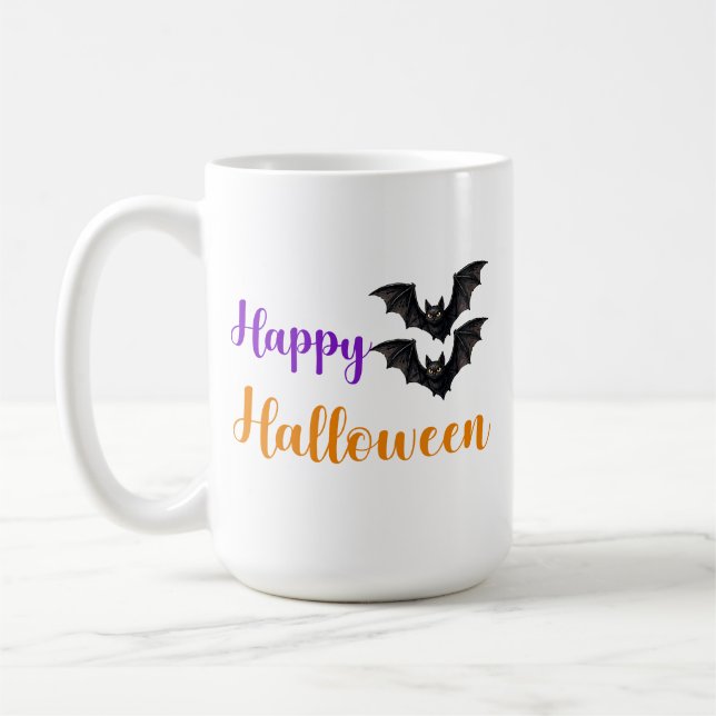 Caneca De Café Feliz Halloween Texto Morcegos Para Festa Divertid (Esquerda)