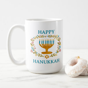 Caneca De Café FELIZ HANUKKAH Menorah floral, Feriado Judaico