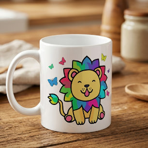 Caneca De Café Feliz leão sorridente com borboletas.