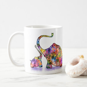 Caneca De Café Feliz Mãe Colorida e Elefante de Bebê - Desenho