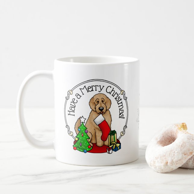 Caneca De Café Feliz Natal 2 Goldendoodle (ouro vermelho) (Com Donut)