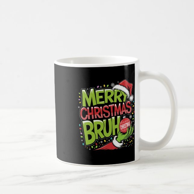 Caneca De Café Feliz Natal Bruh Green Hand Santa Hat Fam (Direita)