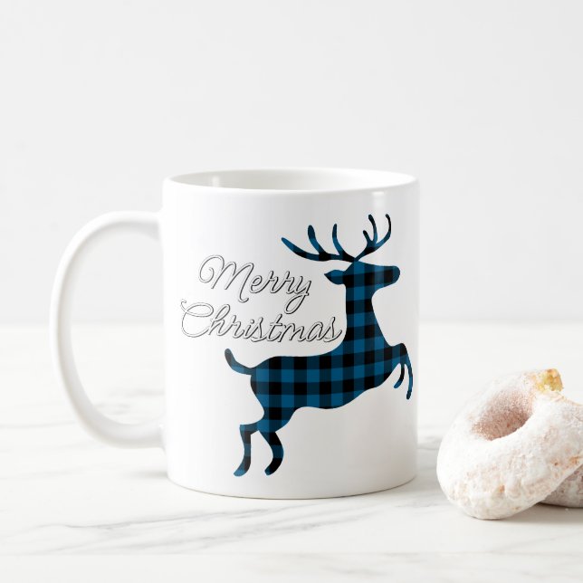 Caneca De Café Feliz Natal Buck no Blue Black Buffalo Check (Com Donut)