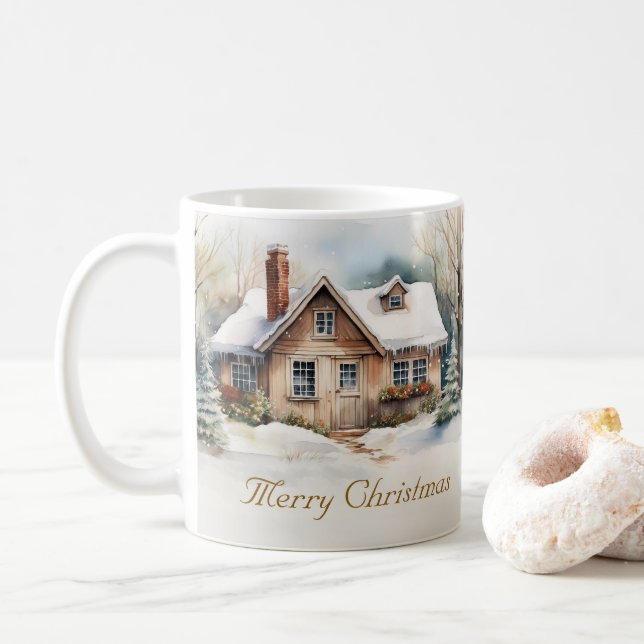 Caneca De Café Feliz Natal Cabine na paisagem nevada (Com Donut)