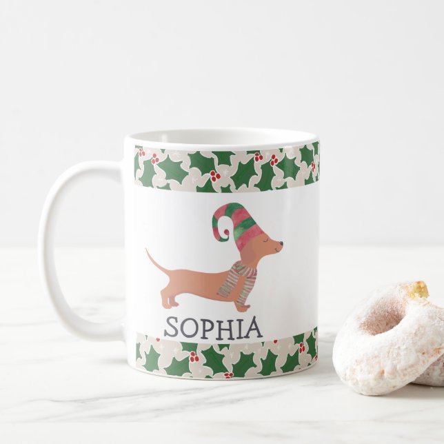 Caneca De Café Feliz Natal Cão de Dachshund Bonito (Com Donut)