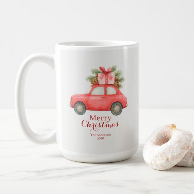 Caneca De Café Feliz Natal Carro Vermelho – Férias Personalizadas (Com Donut)