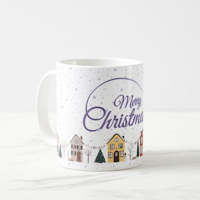 Caneca De Café Feliz Natal Casa Pequena Noite Estrelada Roxa (Frente Esquerda)