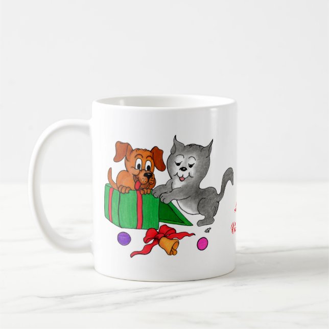 Caneca De Café Feliz Natal com Gato e Cachorrinho (Esquerda)