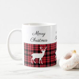 Caneca De Café Feliz Natal com Veado Xadrez Vermelho Clássico
