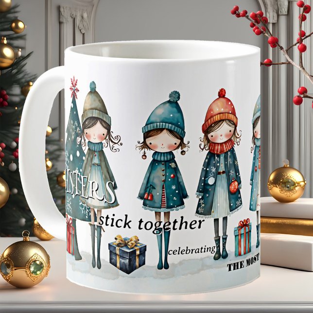 Caneca De Café Feliz Natal das Irmãs Meninas (Mug with a whimsical illustration of cute girls and Christmas trees with gifts - sisters - besties)