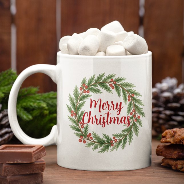 Caneca De Café Feliz Natal Em Grinalda De Azevinho Vermelho Verde (Criador carregado)