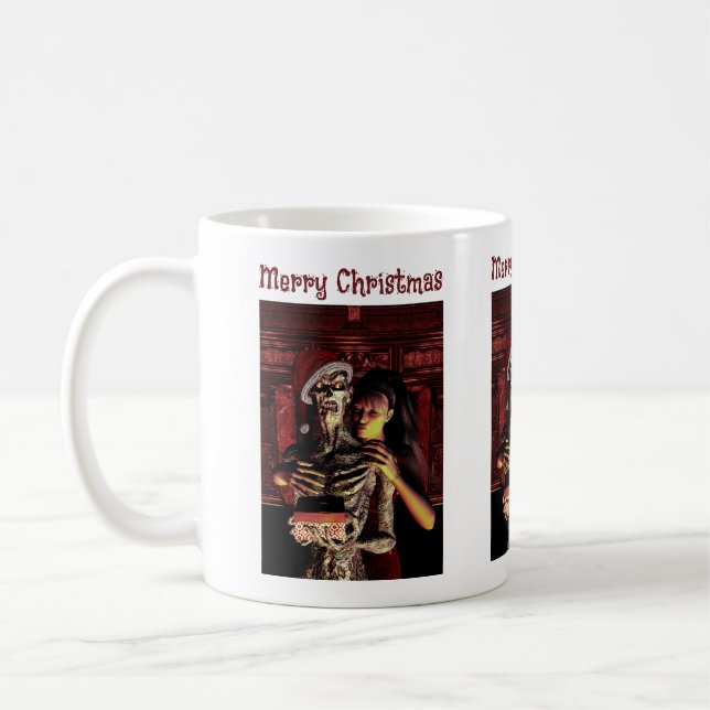 Caneca De Café Feliz Natal. Esqueleto engraçado com mulher (Esquerda)
