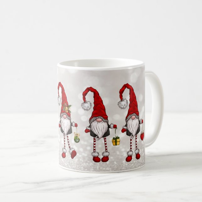 Caneca De Café Feliz Natal, Gnomo Vermelho Glitter Bokeh (Frente Esquerda)