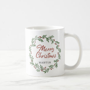 Caneca De Café Feliz Natal Greenery Wreath Personalizado