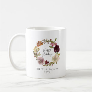 Caneca De Café Feliz Natal Grinalda Floral Nome da Família