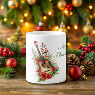 Caneca De Café Feliz Natal Guitarra e Flores Mug