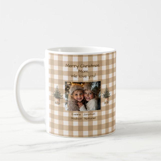 Caneca De Café Feliz Natal Mãe Rustic Brown Gingham Foto (Esquerda)