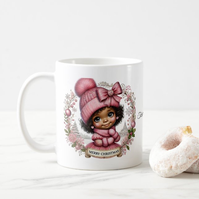 Caneca De Café Feliz Natal - Moça Americana Africana Mug (Com Donut)