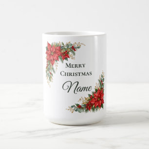 Caneca De Café Feliz Natal Nome Personalizado Poinsettia