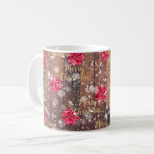 Caneca De Café Feliz Natal - Planks de Madeira Floral (Frente Esquerda)