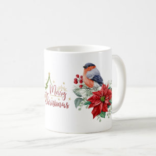 Caneca De Café Feliz Natal Red Poinsettia Bird Holly Berry
