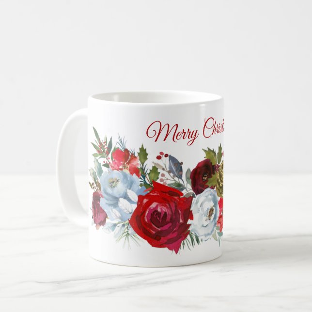 Caneca De Café Feliz Natal Rosas Brancas Holly Pine Cones C (Frente Esquerda)