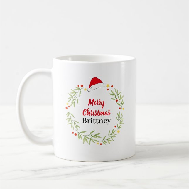Caneca De Café Feliz Natal Santa Hat Wreath Personalizado (Esquerda)